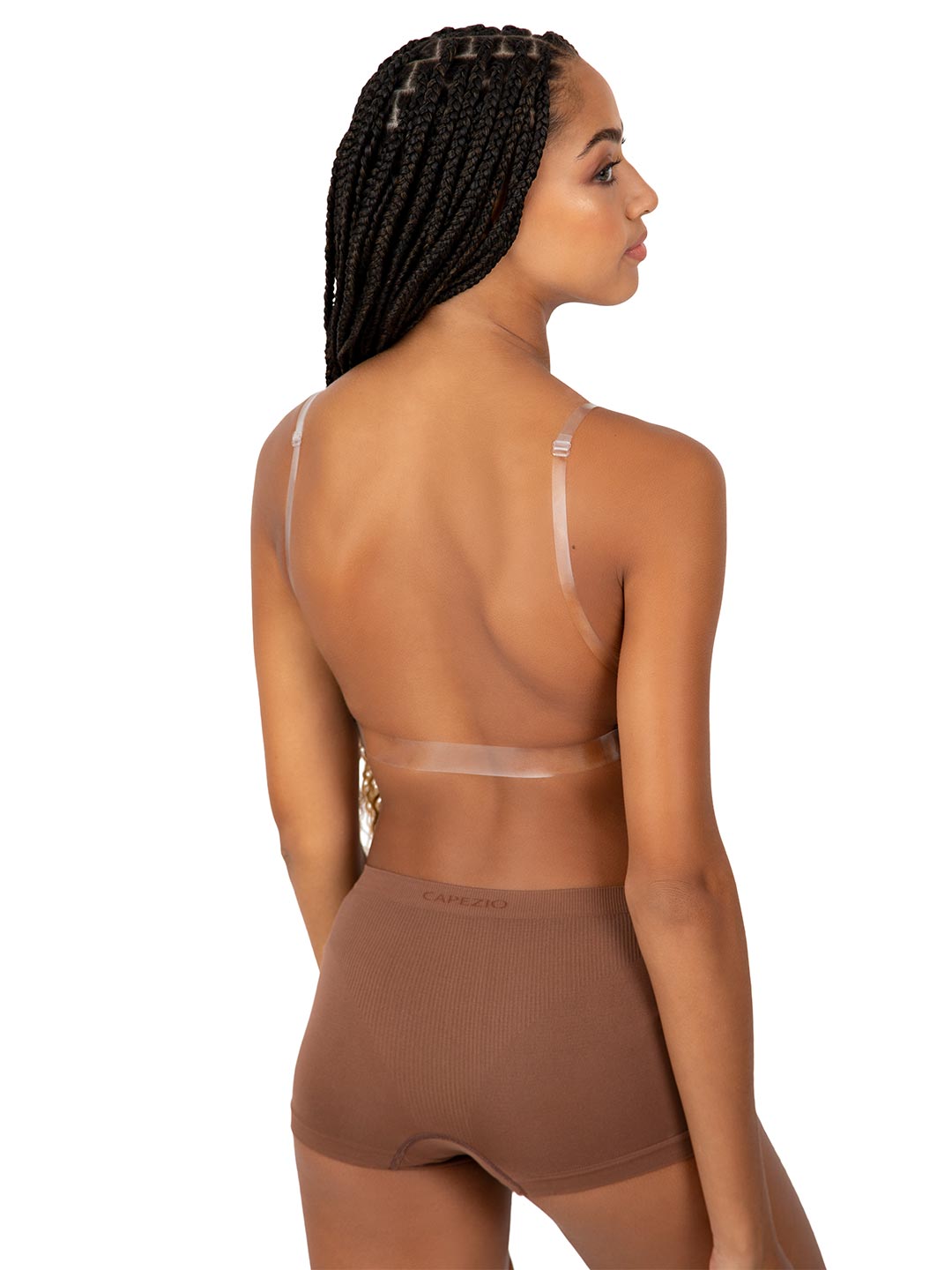 Deep neck clear back bra for girls with adjustable straps - tan